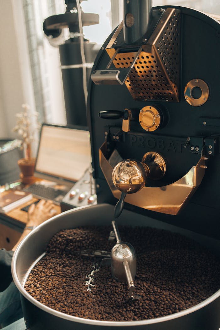 Coffee roasting machine with laptop and decor in modern indoor setting.